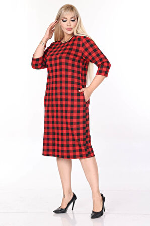 Çift Cepli Desenli Esnek Kışlık Büyük Beden Midi Elbise 44B-2702