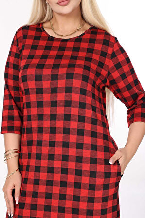 Çift Cepli Desenli Esnek Kışlık Büyük Beden Midi Elbise 44B-2702