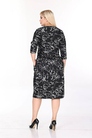 Çift Cepli Desenli Esnek Kışlık Büyük Beden Midi Elbise 44C-2703