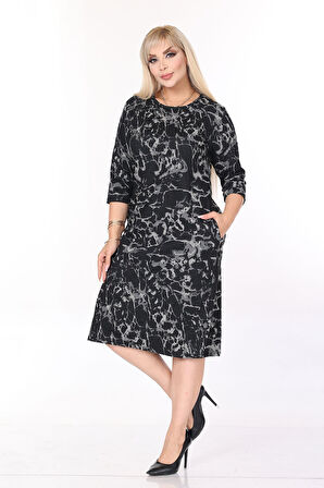 Çift Cepli Desenli Esnek Kışlık Büyük Beden Midi Elbise 44C-2703