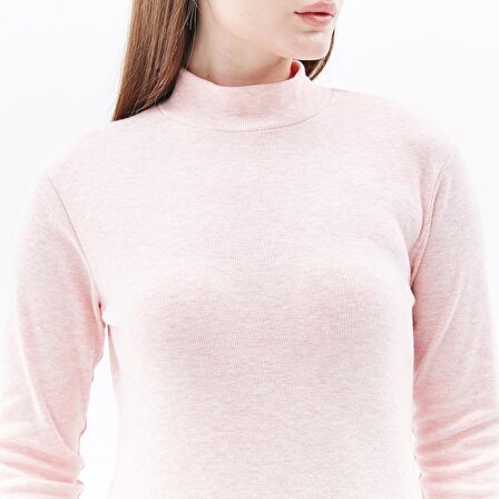 Kadın Dik Yakalı Fitilli Uzun Kollu Tişört