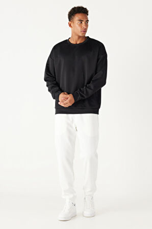 Erkek Siyah Oversize Bol Kesim Bisiklet Yaka Düz Sweatshirt