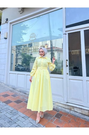 Gömlek Yakalı Tesettür Elbise-sarı