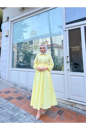 Gömlek Yakalı Tesettür Elbise-sarı