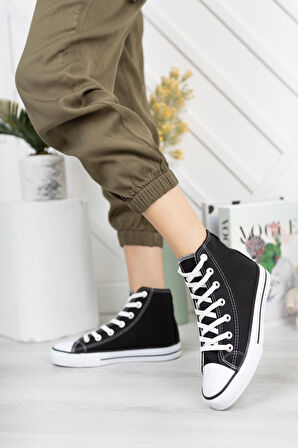 Prego Siyah&Beyaz Çocuk Bilekli Converse Tarzı Spor Ayakkabı SİYAH