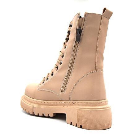 Beyaz KBT164 Kalın Taban Bağcıklı-Fermuarlı Kadın Günlük Bot TEN