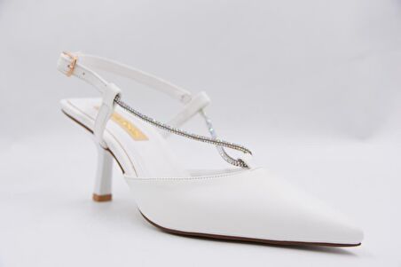 Prego Sivri Burun Taşlı Tokalı Topuklu Kadın Ayakkabı BEYAZ