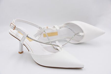 Prego Sivri Burun Taşlı Tokalı Topuklu Kadın Ayakkabı BEYAZ