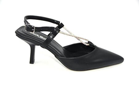 Prego Sivri Burun Taşlı Tokalı Topuklu Kadın Ayakkabı SİYAH