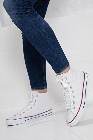 Prego Erkek Sneaker Bilekli Convers Modeli Keten Spor Ayakkabı BEYAZ