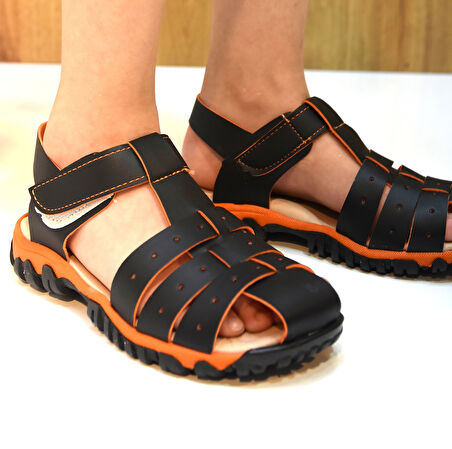 Prego (Arzen) Ortapedi Termo Kaymaz Taban Burnu Kapalı Cırtlı Erkek Çocuk Sandalet Siyah Turkuaz