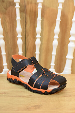 Prego (Arzen) Ortapedi Termo Kaymaz Taban Burnu Kapalı Cırtlı Erkek Çocuk Sandalet Siyah Turkuaz