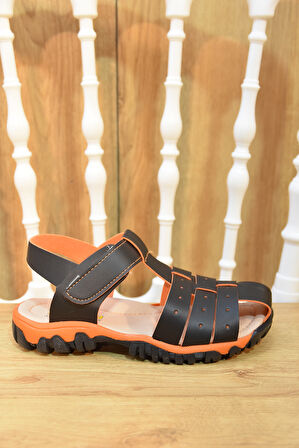 Prego (Arzen) Ortapedi Termo Kaymaz Taban Burnu Kapalı Cırtlı Erkek Çocuk Sandalet Siyah Turkuaz