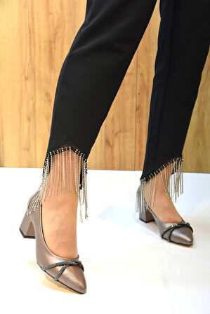 Prego (Oc Shoes) Kalın Topuklu Taş Biye Desenlik Kadın Ayakkabı PLATİN