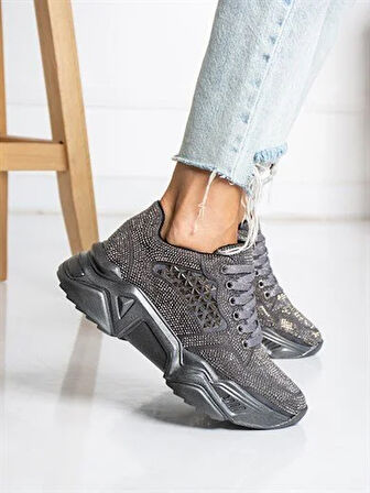 Prego (Tayyar) Gri Taşlı Yüksek Taban Bağcıklı Poli Hafif Taban Kadın Spor GUMÜŞ