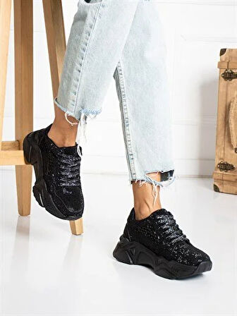 Prego (Tayyar) Gri Taşlı Yüksek Taban Bağcıklı Poli Hafif Taban Kadın Spor SİYAH