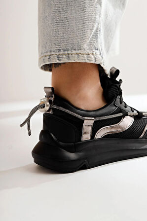Prego (Oc Shoes) Poli Hafif Taban Bağcıklı Taş Biye Detaylı Kadın Spor Ayakkabı SİYAH