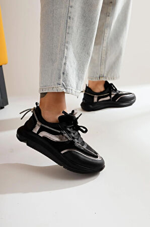 Prego (Oc Shoes) Poli Hafif Taban Bağcıklı Taş Biye Detaylı Kadın Spor Ayakkabı SİYAH