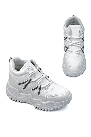 Beyaz (Flet) Poli Hafif Taban Bağcıklı Kalın Taban Kadın Bot BEYAZ