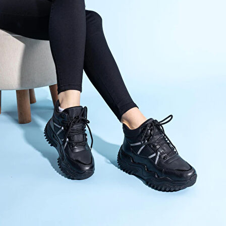 Beyaz (Flet) Poli Hafif Taban Bağcıklı Kalın Taban Kadın Bot SİYAH