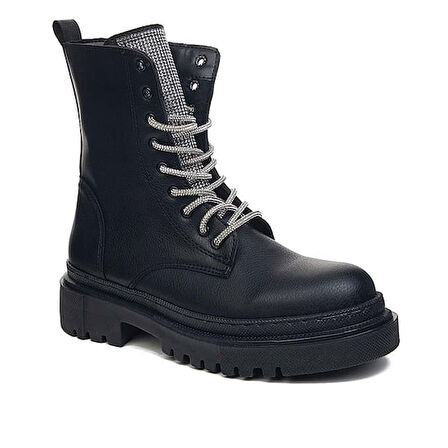 Prego Poli Hafif Taban Taş Biye Detaylı Dikişli Fermuarlı Kadın Bot SİYAH