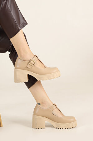 Beyaz (İzlife) Platform Topuklu Poli Taban Tokalı Günlük Kadın Ayakkabı NUT