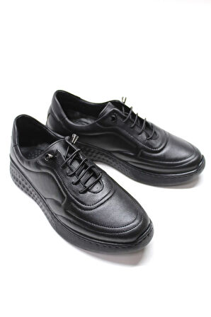 Beyaz İçi Dışı Hakiki Deri Poli Hafif Taban Lastik Bağcıklı Günlük Comfort Kadın Ayakkabı SİYAH