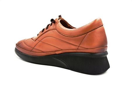 Beyaz İçi Dışı Hakiki Deri Poli Hafif Taban Lastik Bağcıklı Günlük Comfort Kadın Ayakkabı TABA