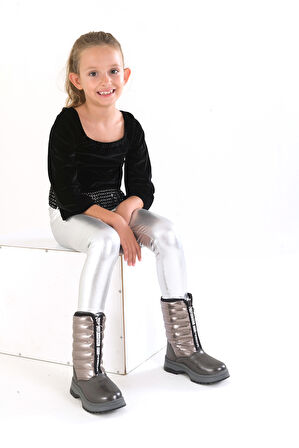 Beyaz (Arzen) Termo Kaymaz Taban İçi Polar Fermuarlı Kız Çocuk Bot PLATİN