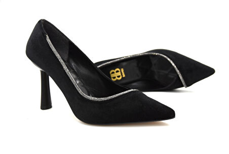 Beyaz (Prego) Topuklu  Taş Detaylı Saten Kadın Ayakkabı SİYAH