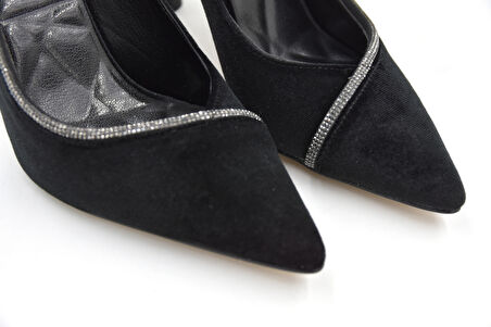 Beyaz (Prego) Topuklu  Taş Detaylı Saten Kadın Ayakkabı SİYAH