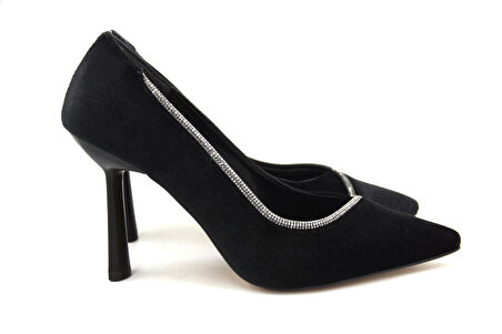 Beyaz (Prego) Topuklu  Taş Detaylı Saten Kadın Ayakkabı SİYAH