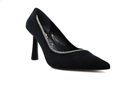 Beyaz (Prego) Topuklu  Taş Detaylı Saten Kadın Ayakkabı SİYAH