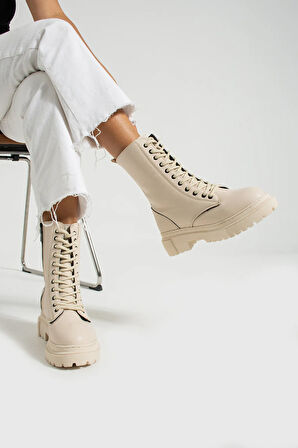 Beyaz (Soldey) Poli Hafif Taban Bağcıklı Fermuarlı Kadın Postal Bot BEJ