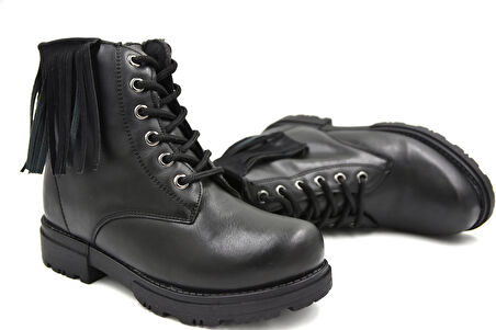 Prego Termo Kaymaz Taban Bağcıklı&Fermuarlı Kız Çocuk Kısa Püsküllü Postal Bot SİYAH