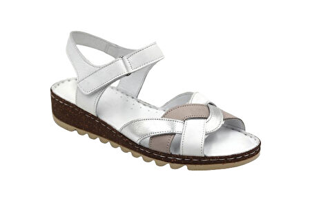 Prego (Clavi) Hakiki Hakiki Deri Poli Hafif Taban Dikişli Günlük Kadın Comfort Sandalet BEYAZ