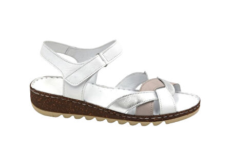 Prego (Clavi) Hakiki Hakiki Deri Poli Hafif Taban Dikişli Günlük Kadın Comfort Sandalet BEYAZ