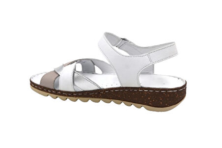Prego (Clavi) Hakiki Hakiki Deri Poli Hafif Taban Dikişli Günlük Kadın Comfort Sandalet BEYAZ