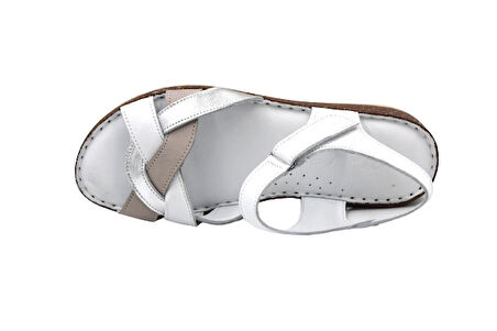 Prego (Clavi) Hakiki Hakiki Deri Poli Hafif Taban Dikişli Günlük Kadın Comfort Sandalet BEYAZ