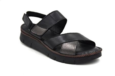 Prego (Clavi) Hakiki Hakiki Deri Poli Hafif Taban Dikişli Günlük Kadın Comfort Sandalet SİYAH