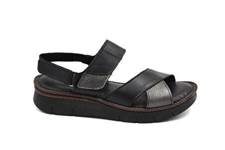 Prego (Clavi) Hakiki Hakiki Deri Poli Hafif Taban Dikişli Günlük Kadın Comfort Sandalet SİYAH