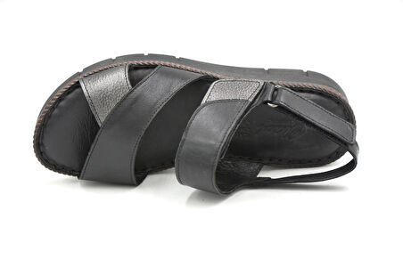 Prego (Clavi) Hakiki Hakiki Deri Poli Hafif Taban Dikişli Günlük Kadın Comfort Sandalet SİYAH