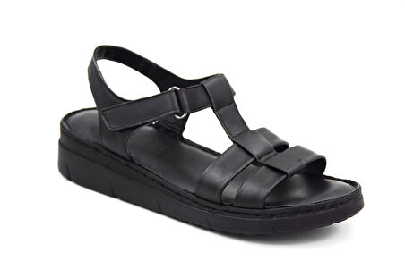 Prego (Clavi) Hakiki Hakiki Deri Poli Hafif Taban Dikişli Günlük Kadın Comfort Sandalet SİYAH