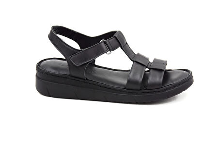 Prego (Clavi) Hakiki Hakiki Deri Poli Hafif Taban Dikişli Günlük Kadın Comfort Sandalet SİYAH