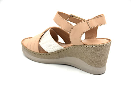 Prego (Clavi) Hakiki Hakiki Deri Poli Hafif Taban Dikişli Günlük Kadın Comfort Sandalet BEJ