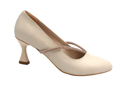 Prego (Ayem) Taş Biye Detaylı Topuklu Kadın Ayakkabı BEJ