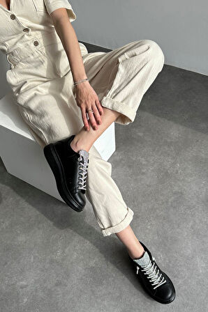 Prego Taş Biye Detaylı Poli Hafif Taban Kadın Spor Ayakkabı SİYAH