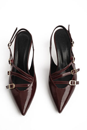 Prego (Pine Cone) 3 Toka Detaylı Topuklu Kadın Ayakkabı BORDO