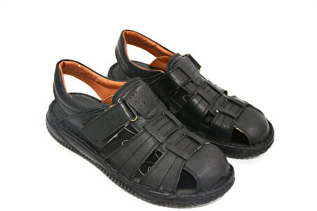 Polaris 5 Nokta 107401.M 4Fx Cırtlı İçi Dışı Hakiki Deri Poli Hafif Taban Burnu Kapalı Erkek Sandalet SİYAH