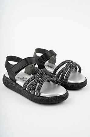 Prego (Arzen Sandalet) Poli Hafif  Taban Örgü Desenli Cırtlı Çocuk Sandalet SİYAH